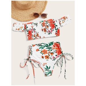Floral Smocked Off Shoulder High Waisted Bikini
